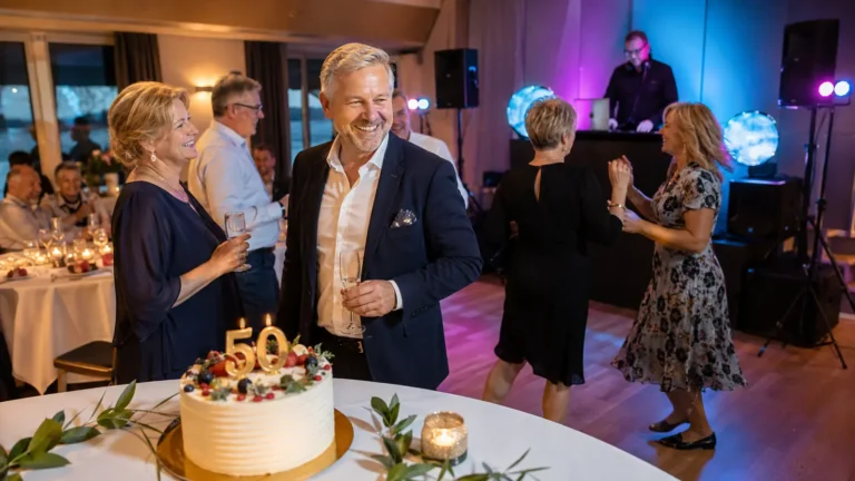 50-vuotisjuhlat, joissa päivänsankari ja vieraat tanssivat DJ:n soittaessa