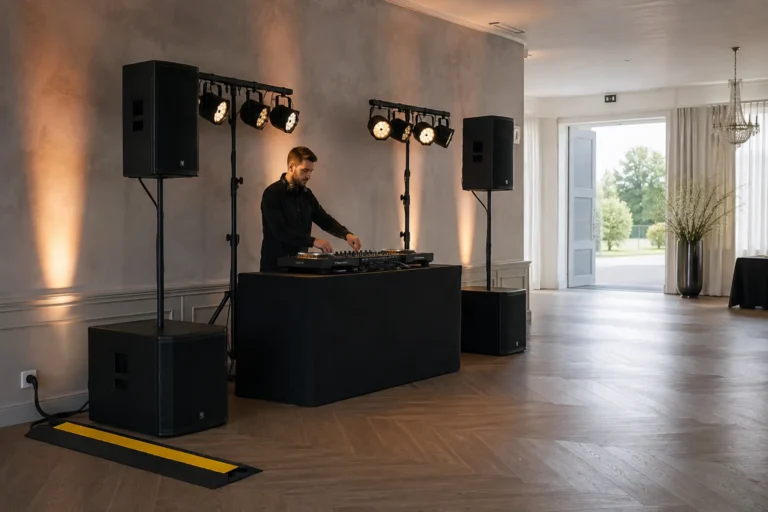 DJ pystyttää äänentoistoa ja valoja juhlatilan tanssilattian vieressä