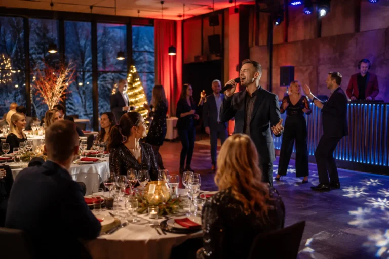 Yrityksen pikkujoulut, joissa vieraat ruokailevat, laulavat karaokea ja tanssivat DJ:n musiikkiin